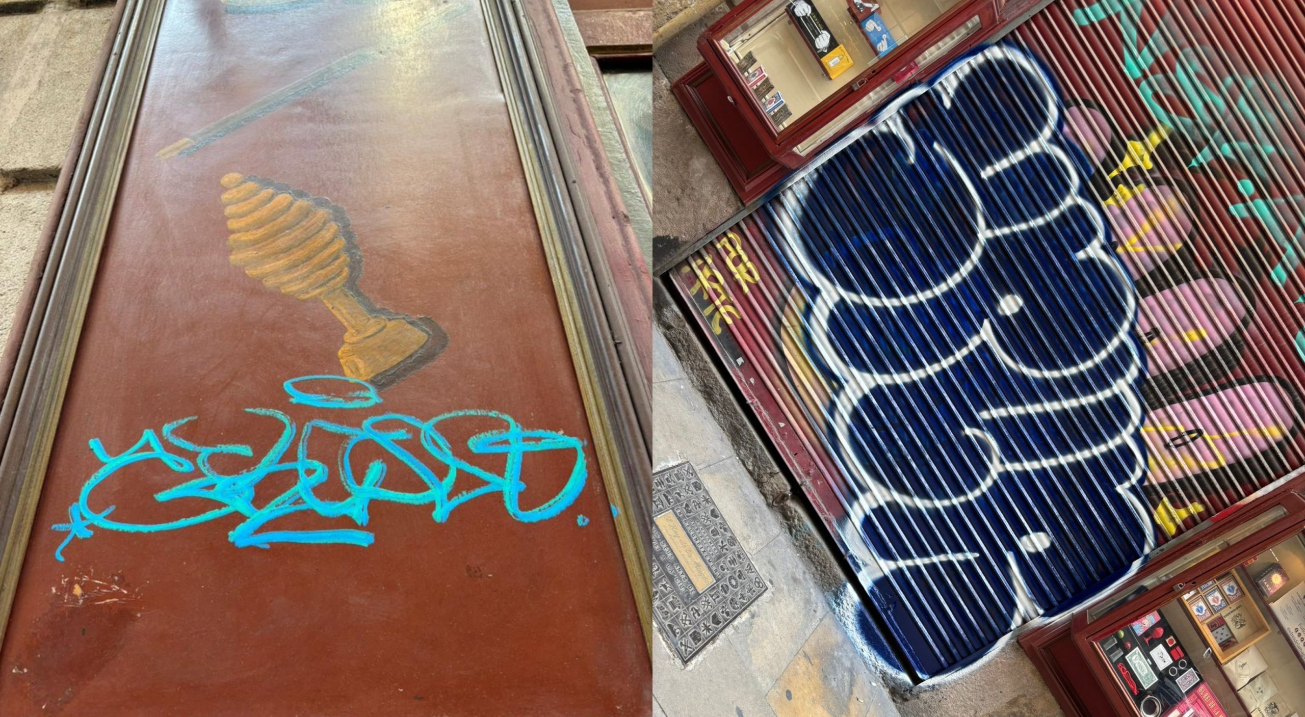 Dos grafitis en la tienda El Rei de la Màgia. El de la izquierda es del fin de semana, y el de la derecha, de agosto / El Rei de la Màgia-Pere Rafart (red X).
