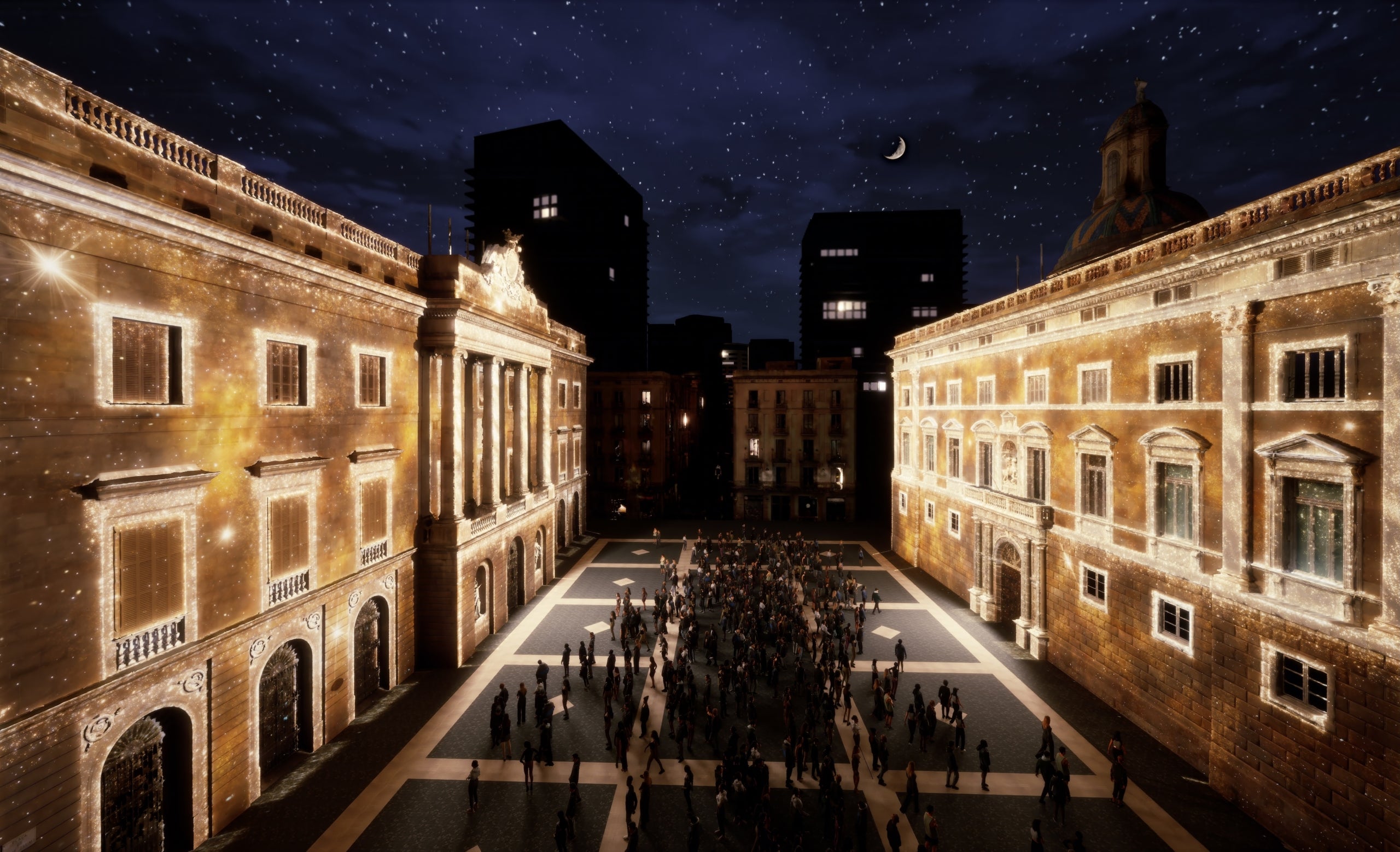 La plaza de Sant Jaume, con el Ayuntamiento y la Generalitat iluminados / Ayuntamiento de Barcelona