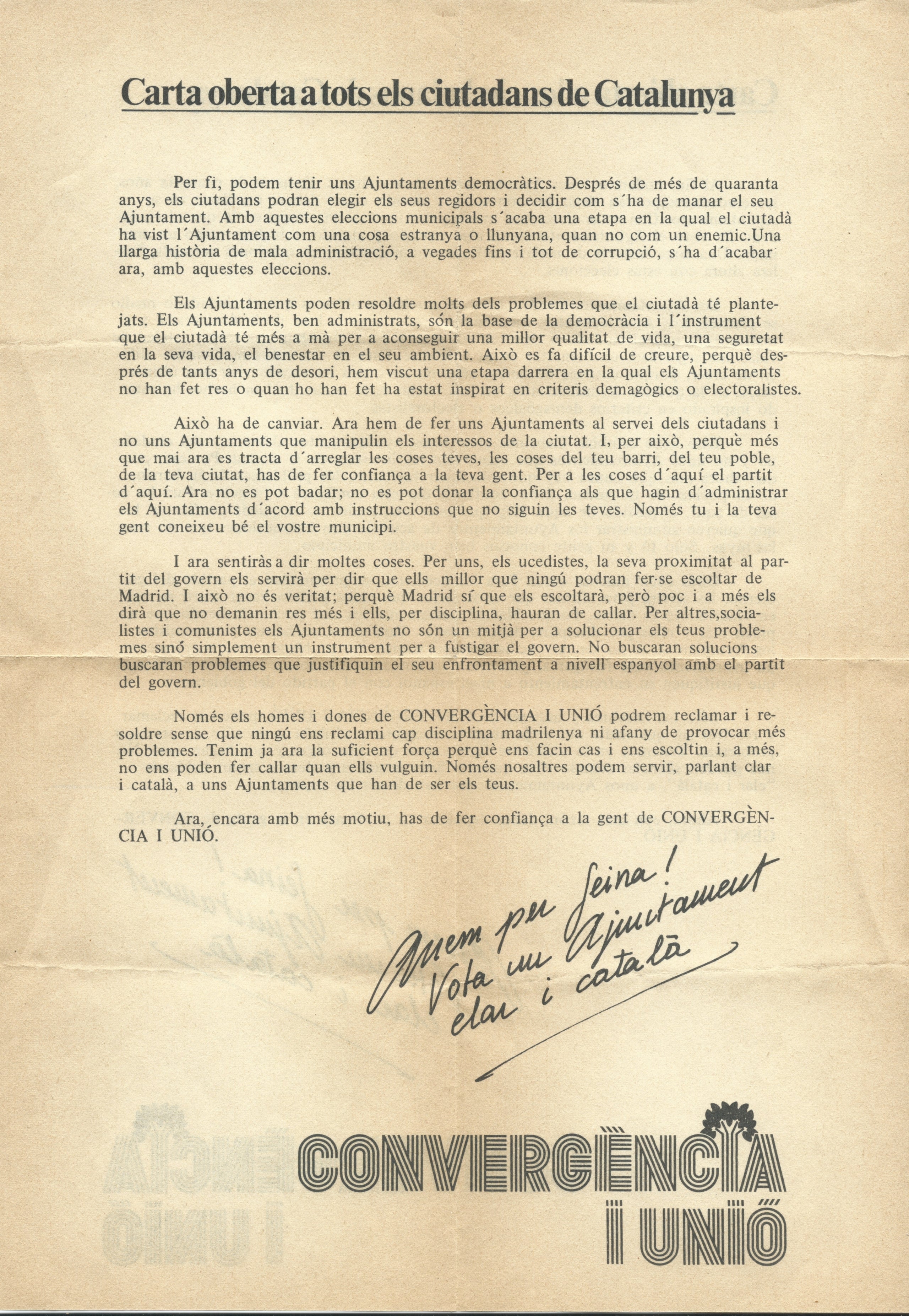 Carta de propaganda electoral de Convergència i Unió (CiU) a les primeres eleccions municipals democràtiques del 1979 / A.R.