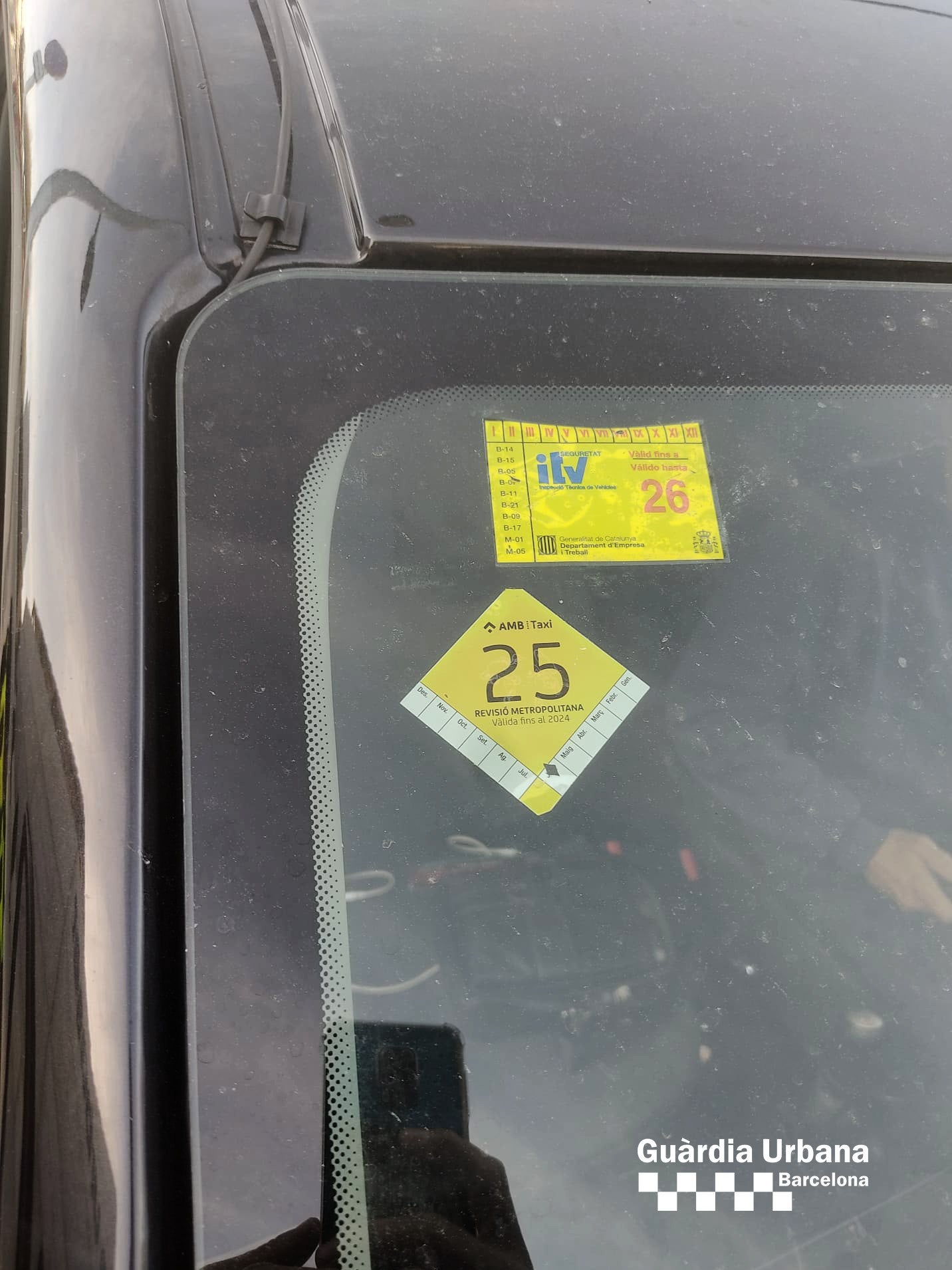 El fals taxista exhibia al vehicle adhesius aparentment en vigor per simular que l'activitat que feia era legal / Guàrdia Urbana