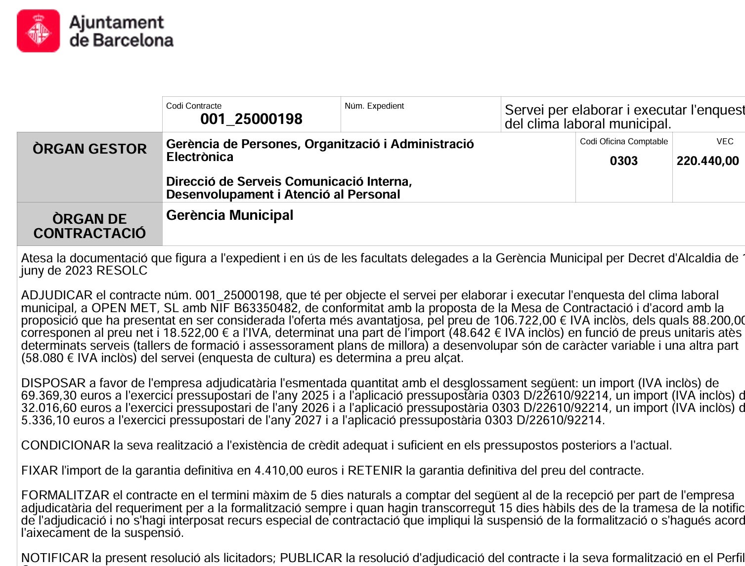 L'adjudicació de l'enquesta de clima laboral/QS