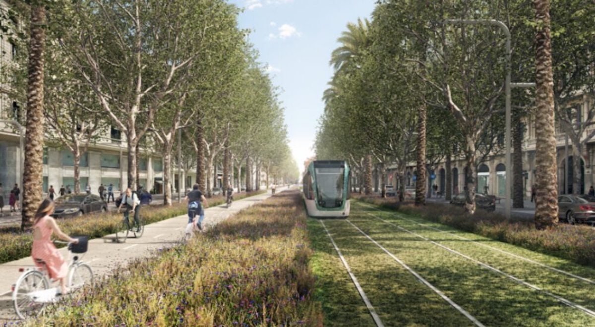 Un render del tramvia al seu pas per la Diagonal, en un futur / Ajuntament de Barcelona