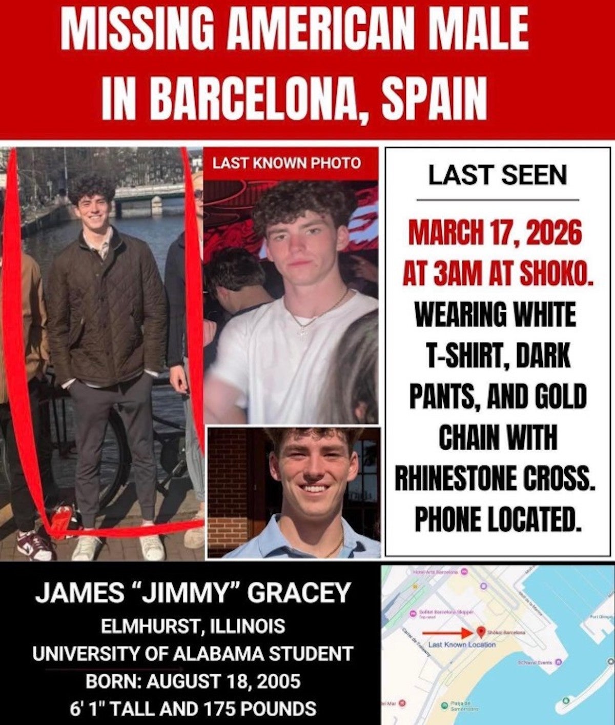 Un cartell de recerca de James Gracey, desaparegut a Barcelona / Xarxes socials-Facebook