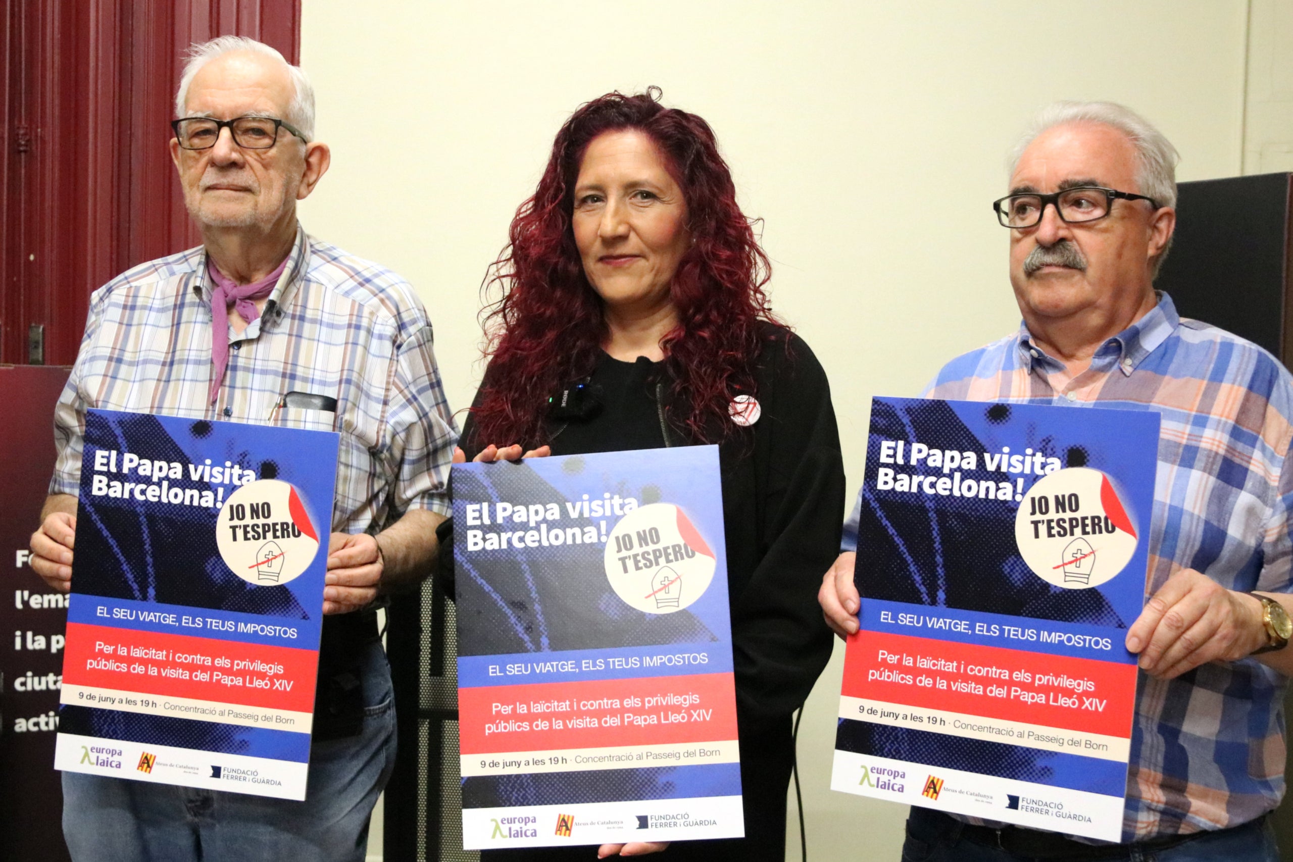 Presentació de la campanya 'Jo no t'espero' d'entitats laiques com la Fundació Ferrer i Guàrdia, Europa Laica i Ateus de Catalunya, en contra de l'ús de diners públics en la visita del papa
Data de publicació: dimecres 03 de juny del 2026, 10:25
Localització: Barcelona
Autor: Bernat Vilaró (ACN)