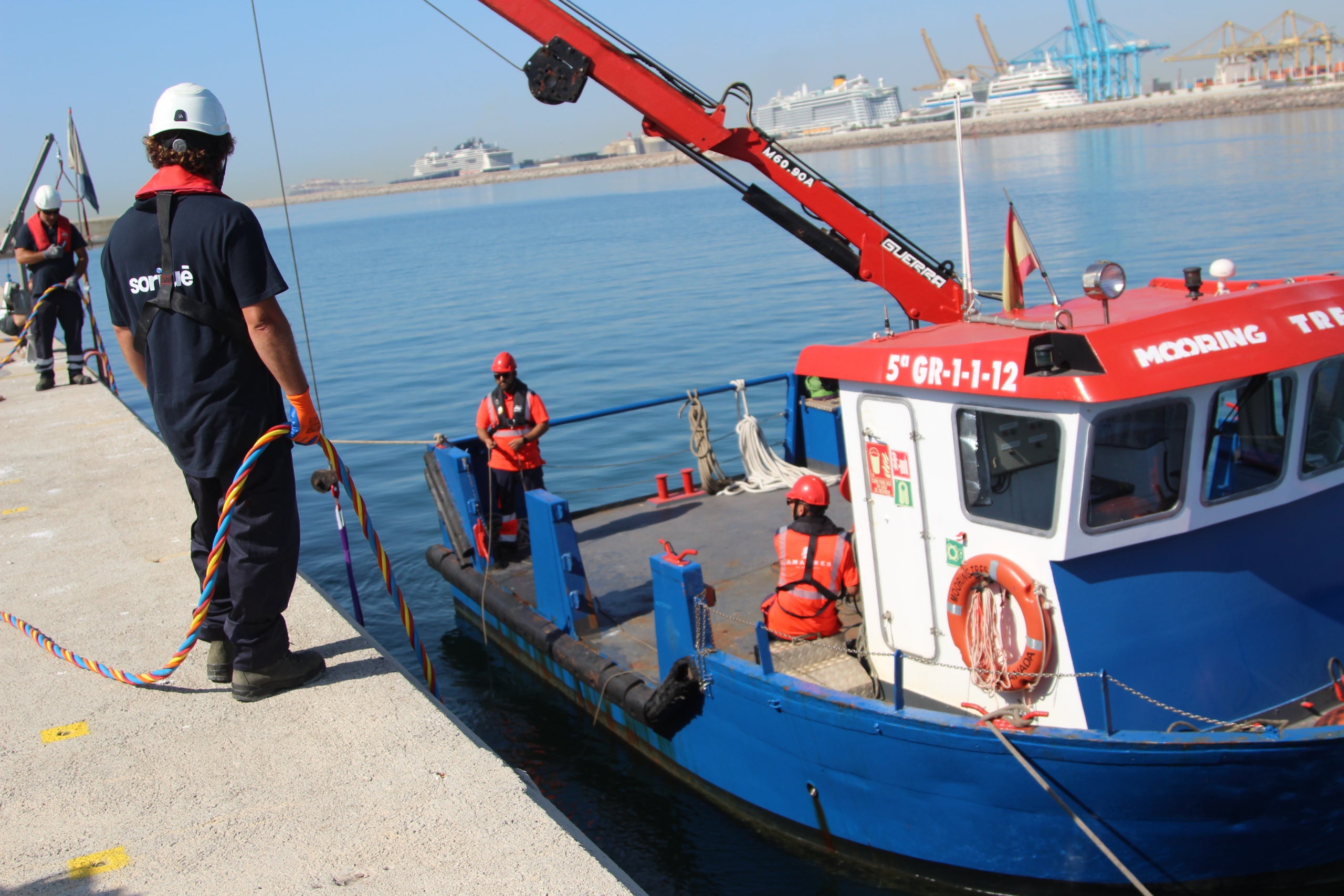 Moment de la instal·lació de les primeres estructures en forma de planxes verticals pensades regenerar la vida marina a la bocana nord del Port / A.R: