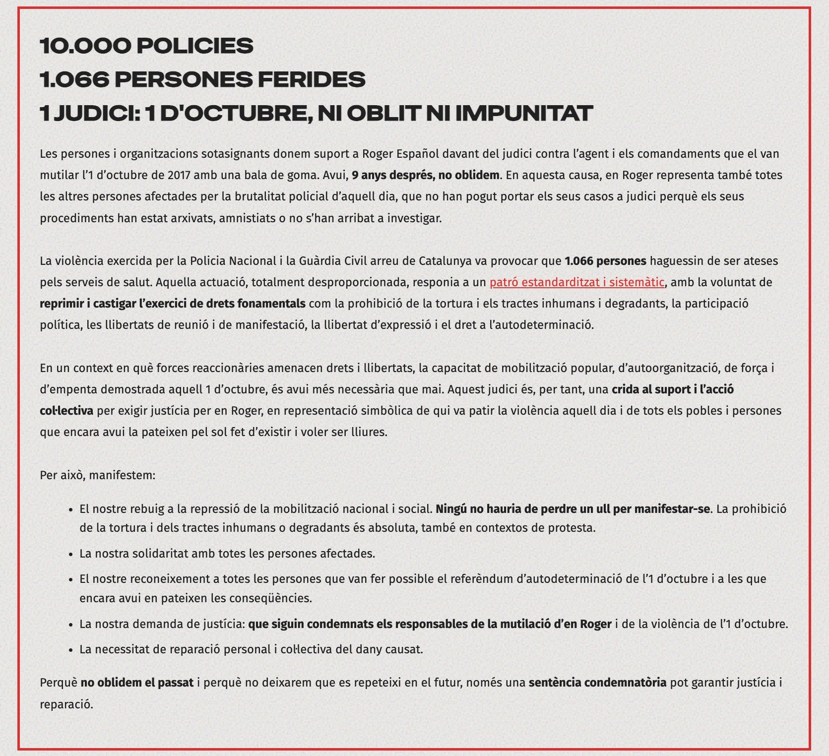 Manifest de les entitats en suport de Roger Español