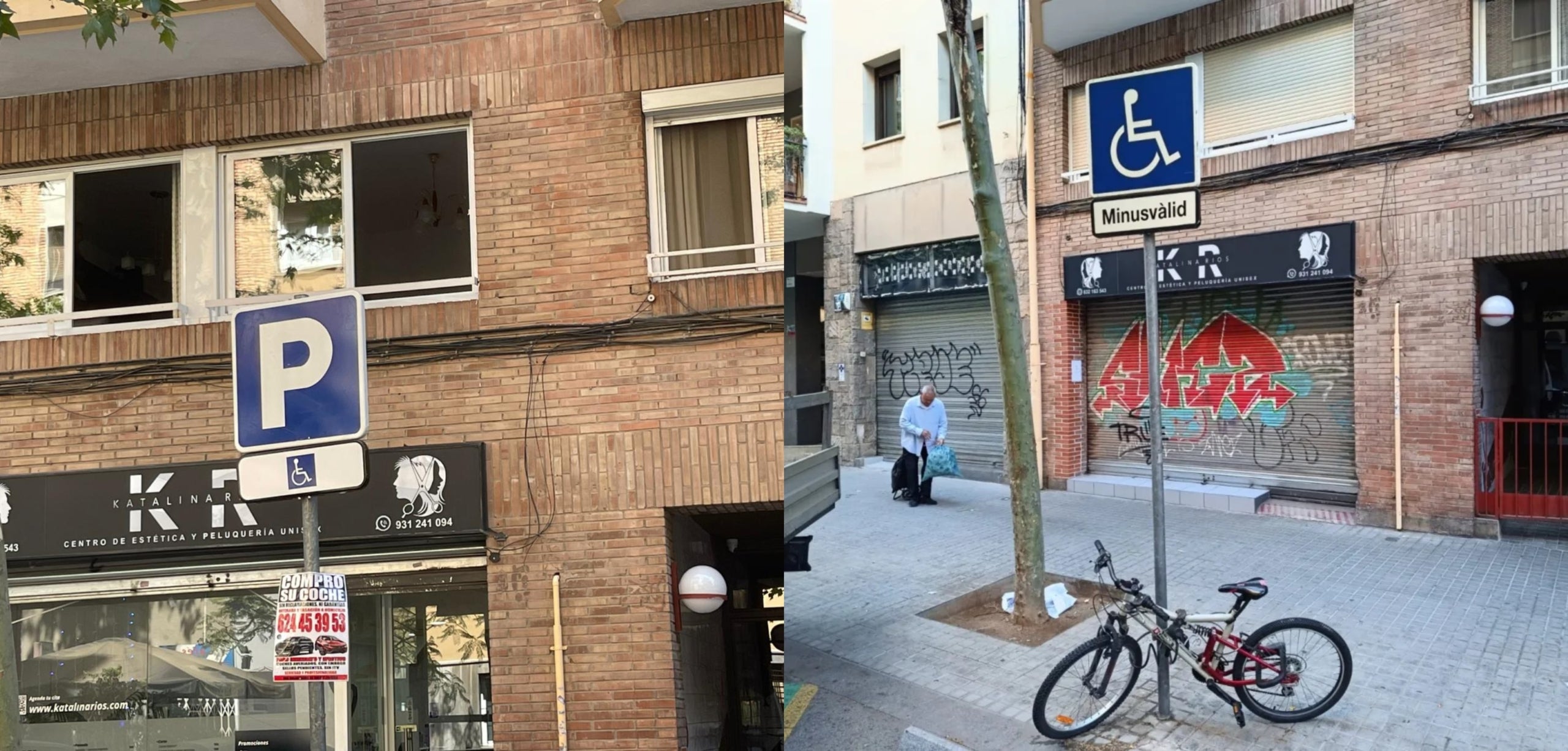 Dues imatges del senyal, un amb la paraula discriminatòria 'minusvàlid' (dreta), i l'altra amb el senyal corregit 
