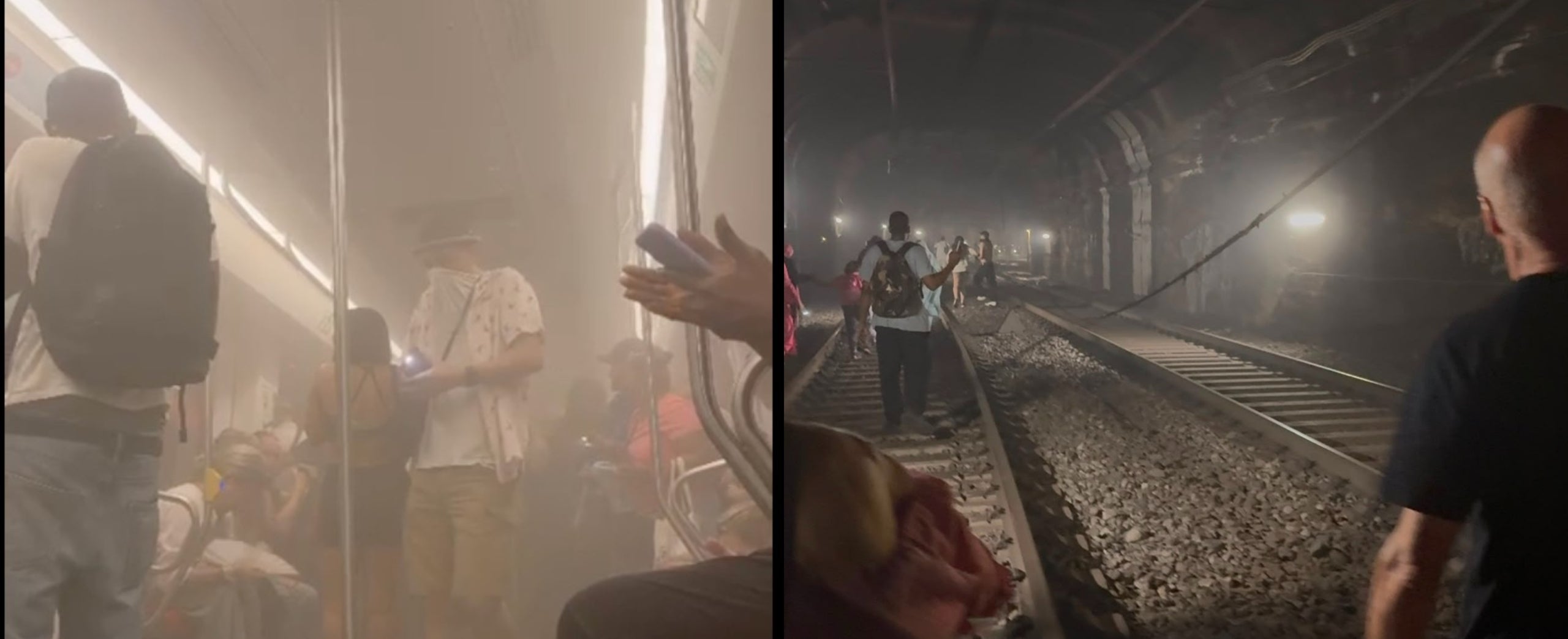 Dues imatges de l'incendi del metro, amb fum a l'interior dels vagons i passatgers caminant per les vies / Cedides al TOT Barcelona