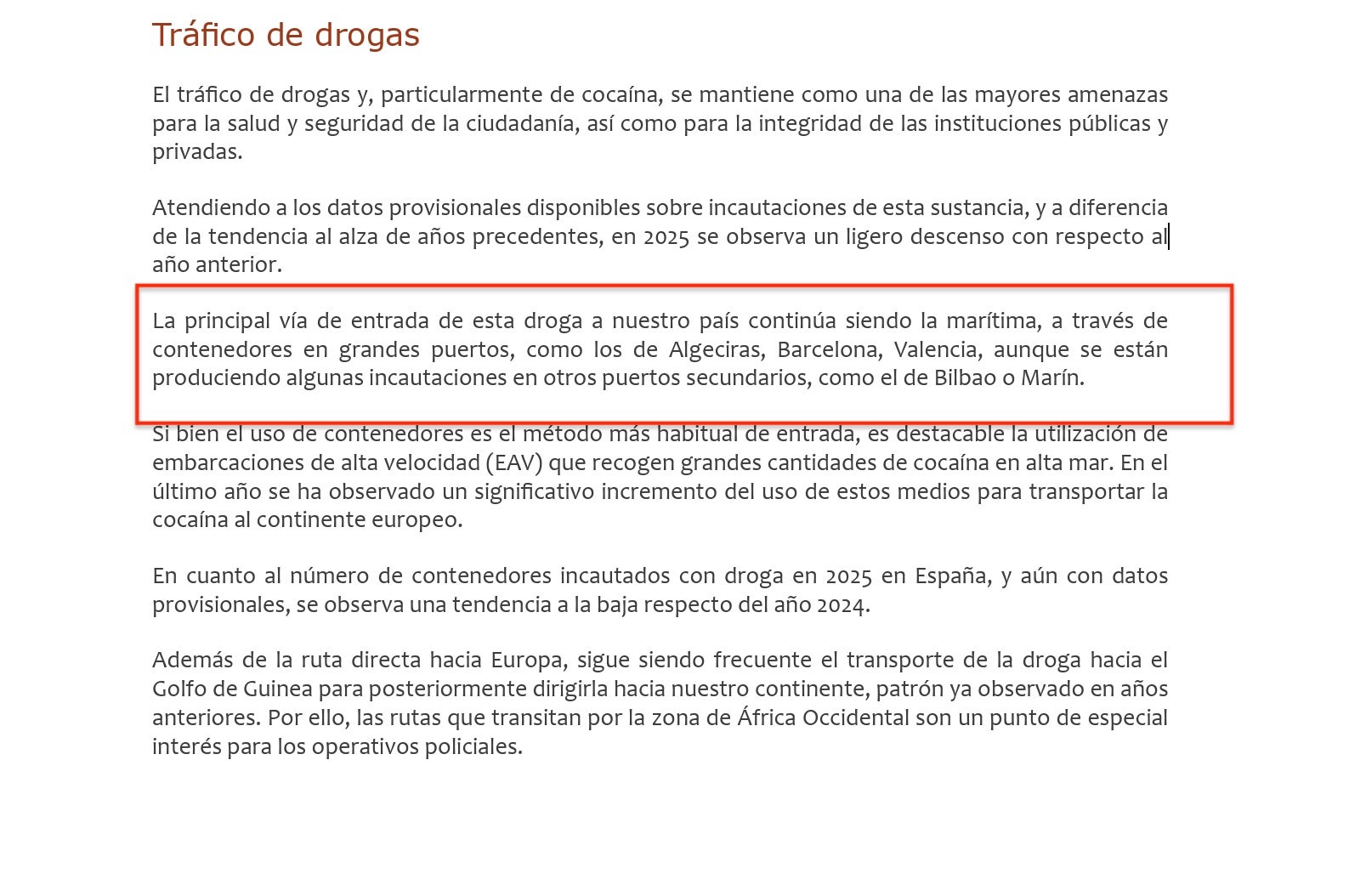 Part de l'informe de Seguretat Nacional on alerta del risc de l'entrada de droga al Port de Barcelona/QS