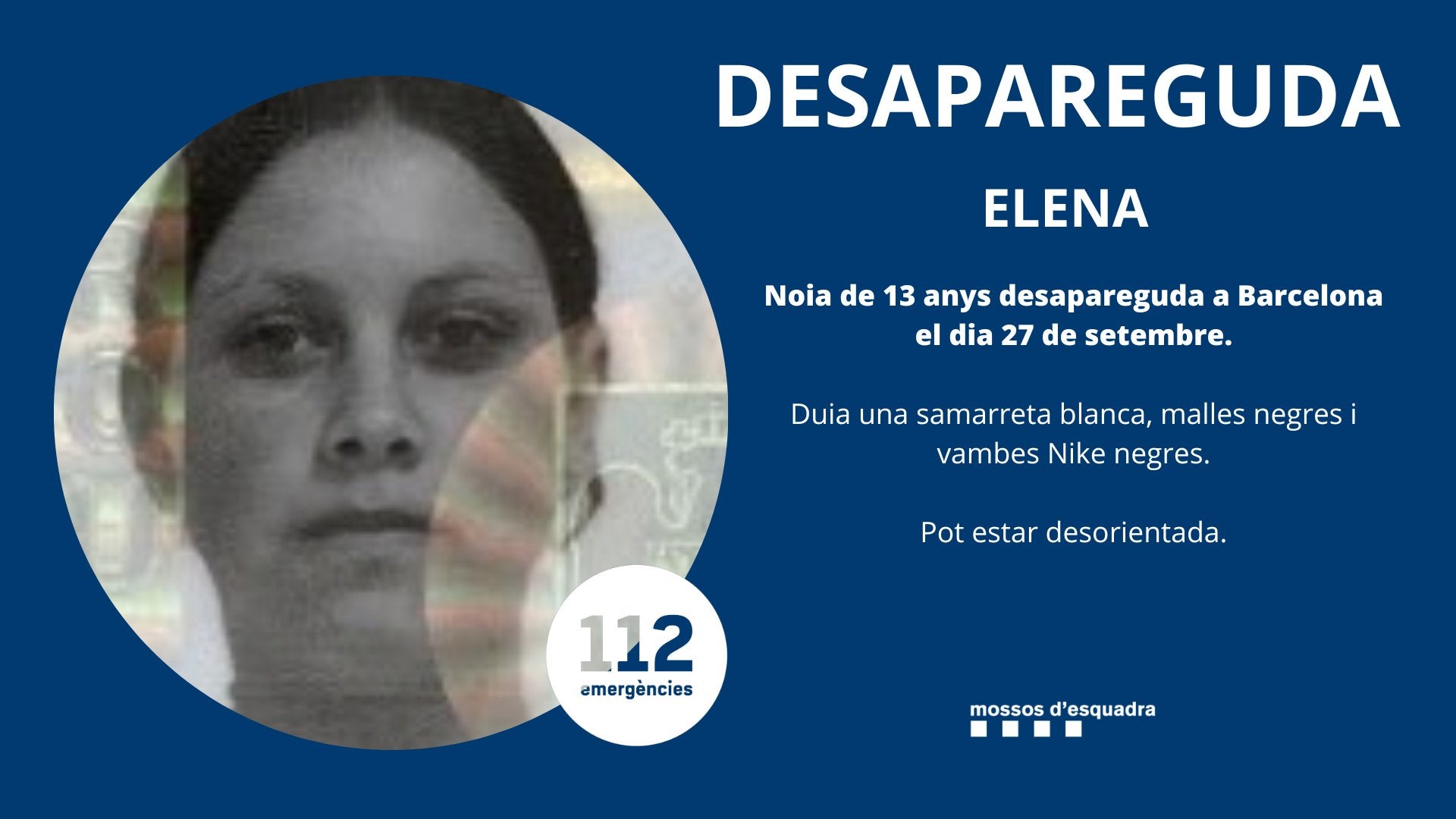 L'Elena, la menor desapareguda a Barcelona / Mossos d'Esquadra