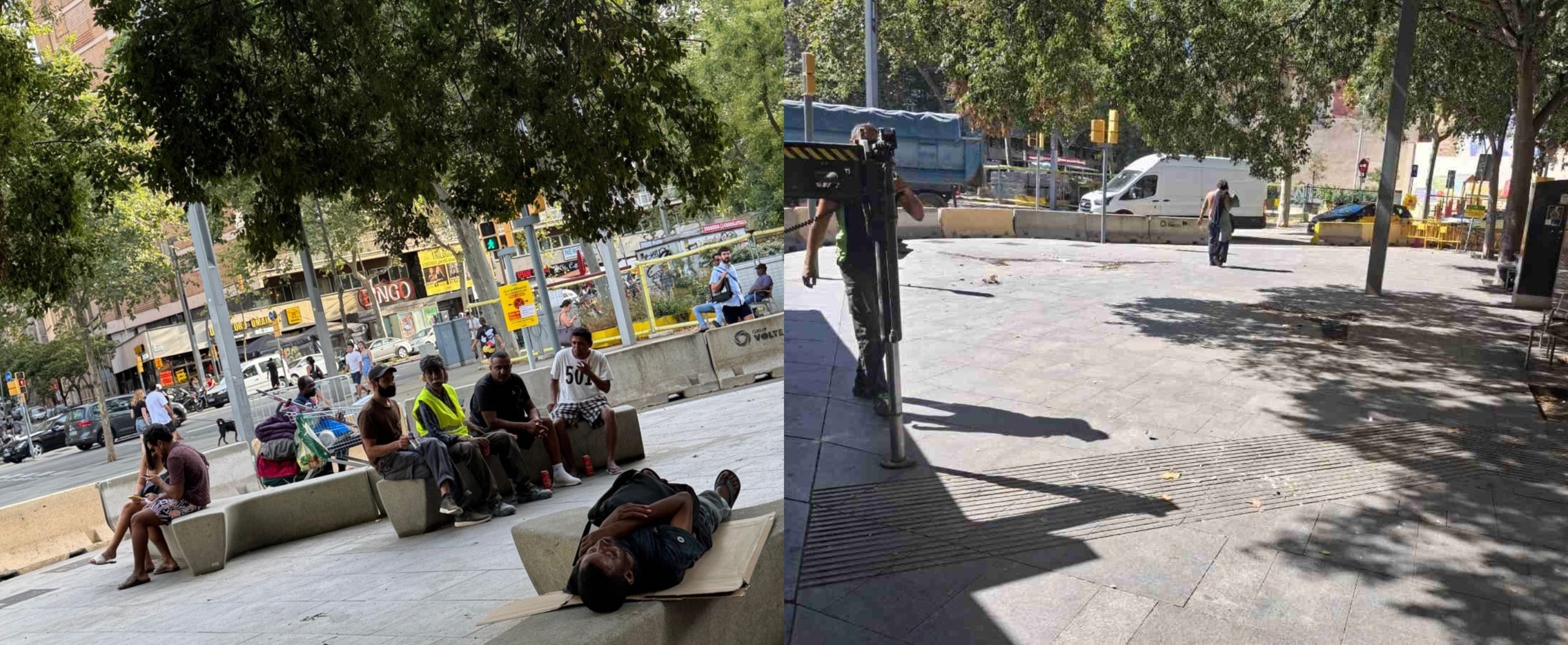 Los bancos de la calle Aldana con Comte de Borrell (izquierda) y el espacio vacío, sin el mobiliario urbano (derecha) / Cedidas