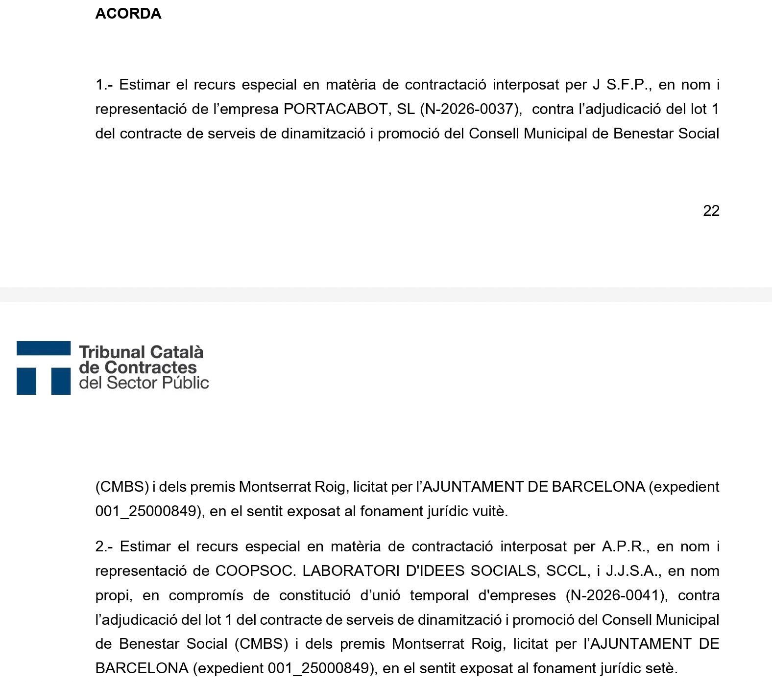 Part dispositiva de la resolució del Tribunal de Contractes del Sector Pública/QS