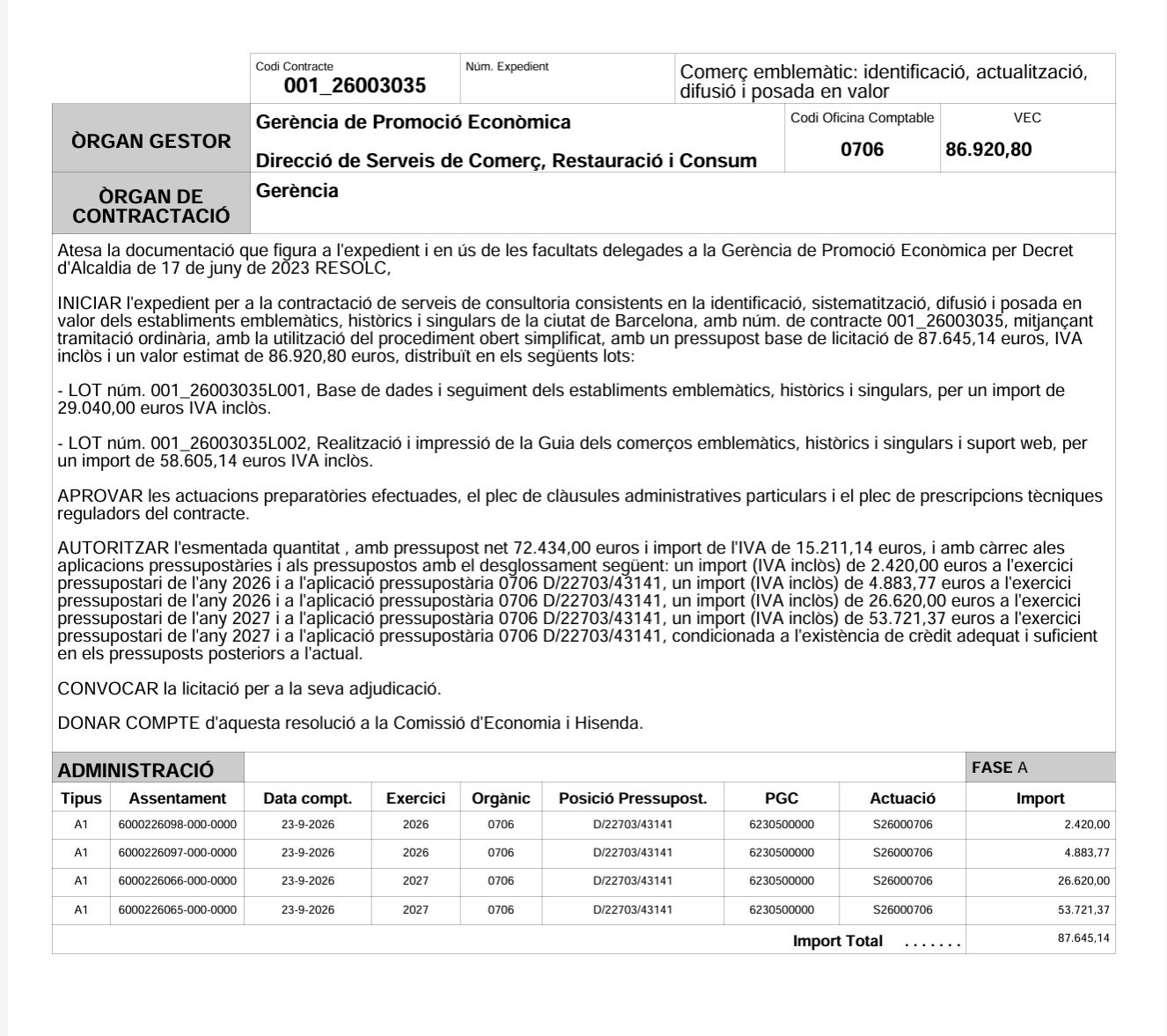Aprovació de l'expedient de despesa per la guia del comerç històric/QS